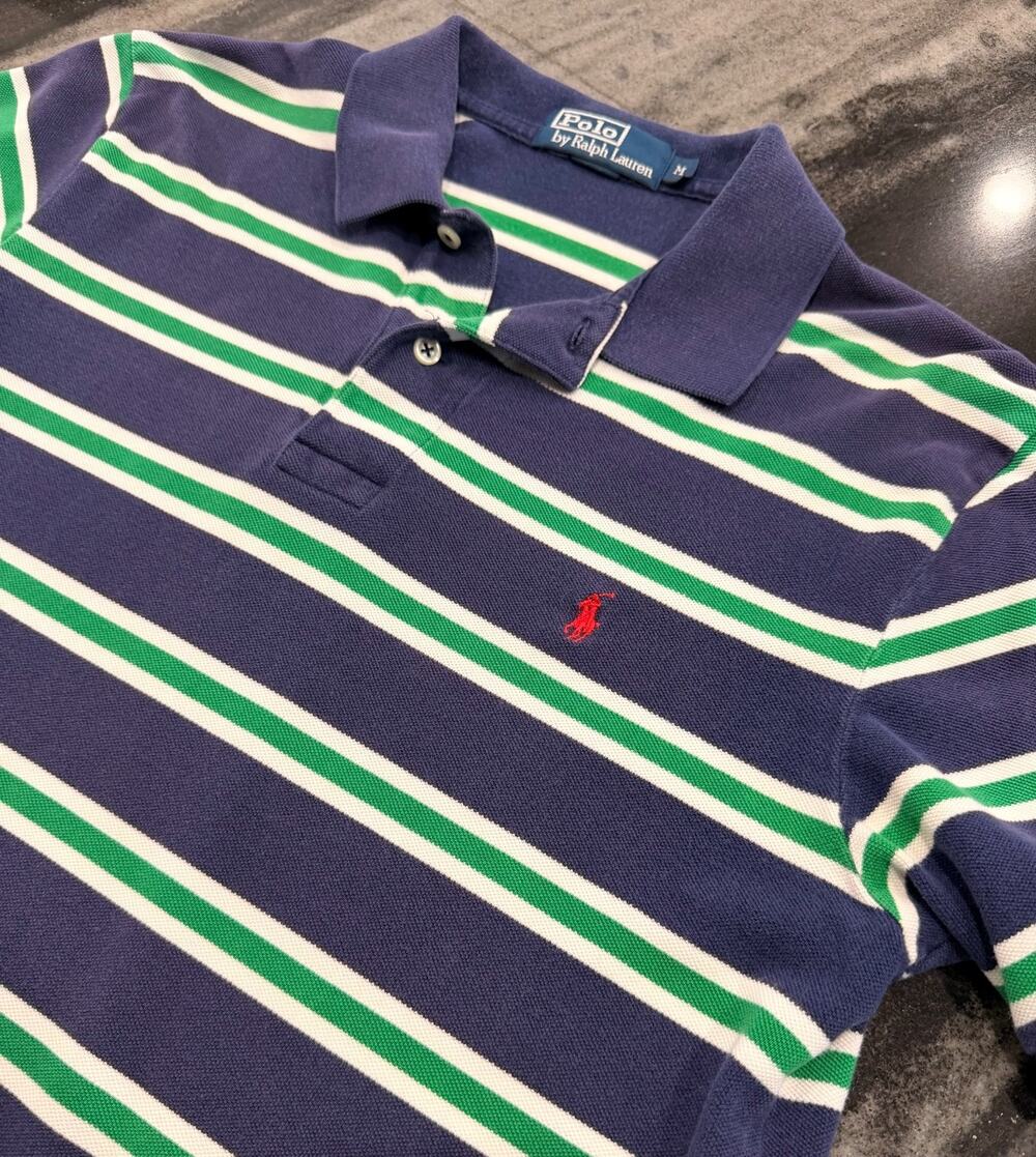Polo Ralph Lauren Mens M Blue Green White Striped Polo Shirt Red Pony Cotton